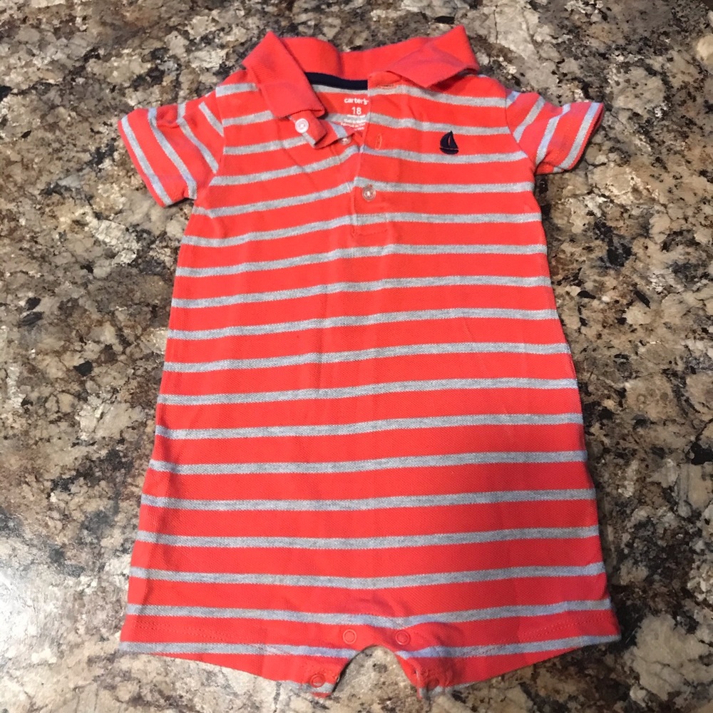Carters orange and grey striped polo romper